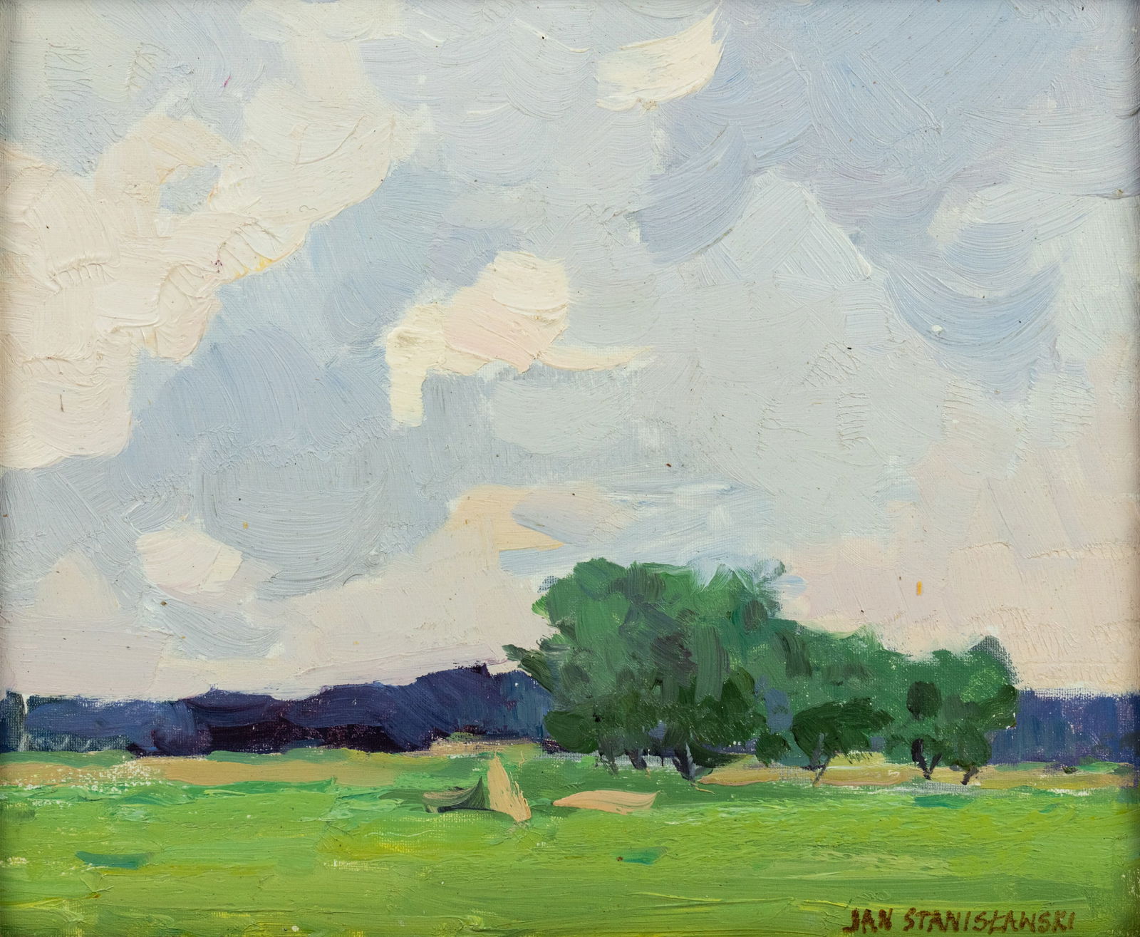 Jan Stanislawski 'Summer Landscape' Oil on Board Painting: A Jan Stanislawski (Polish, 1860-1907) oil on board painting purportedly titled 'Letni Pejzaz' or 'Summer Landscape' depicting an open plain with a wooded area in the distance. Signed lower right and