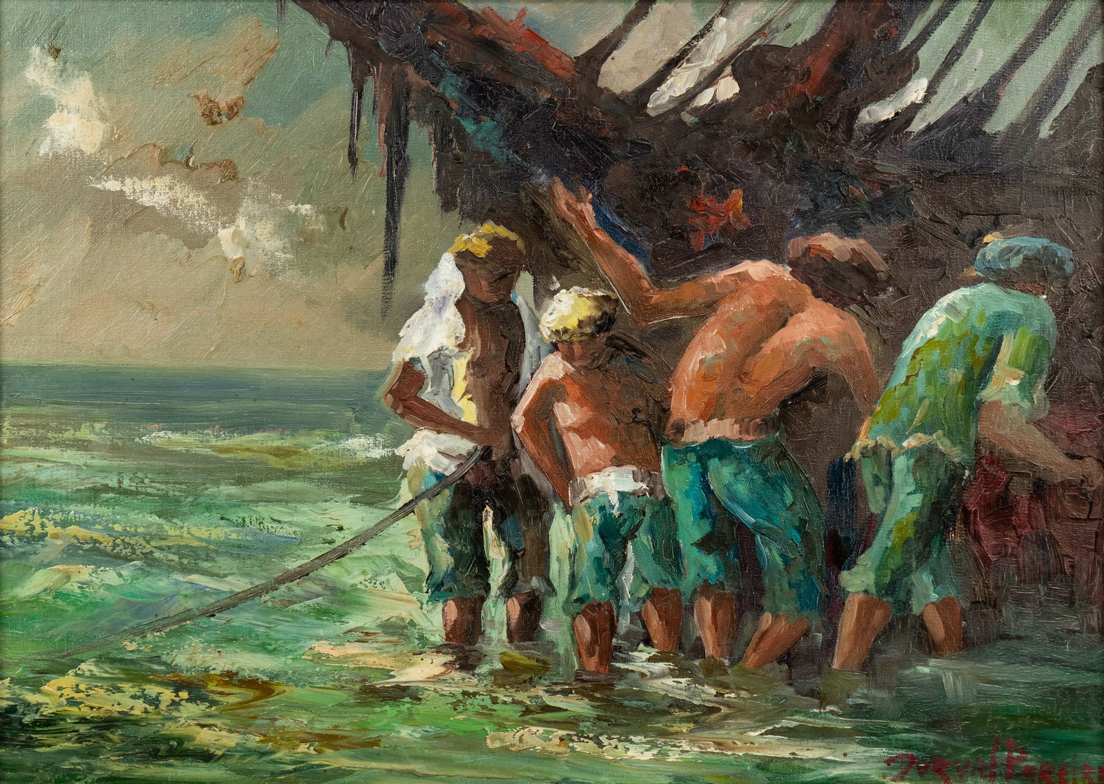 Durval Pereira Seascape Oil on Board Painting: A Durval Pereira (Brazilian, 1917 - 1984) untitled oil on board painting depicting a seascape with sailors landing a boat. Signed lower right. Presented in a gilt frame.
