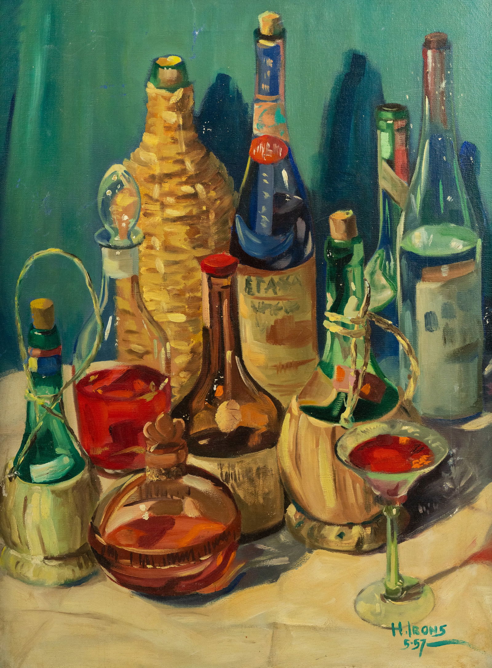 Signed H. Irons Still Life of Liquor Bottles Oil on Canvas Painting (1 of 10)