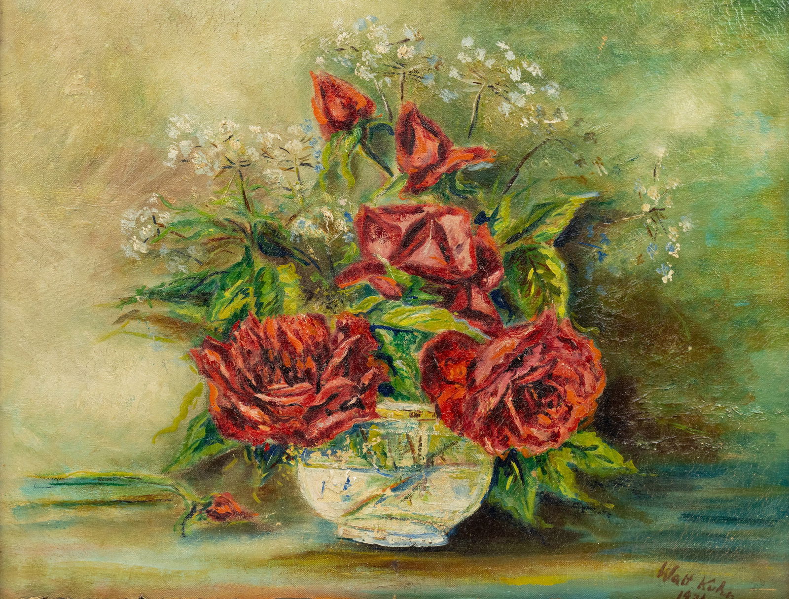Floral Still Life Oil on Canvas Painting Signed Walt Kuhn: An untitled oil on canvas painting depicting a still life of roses in a vase. Signed 'Walt Kuhn' and dated '1931' lower right. Presented in a gilt frame.