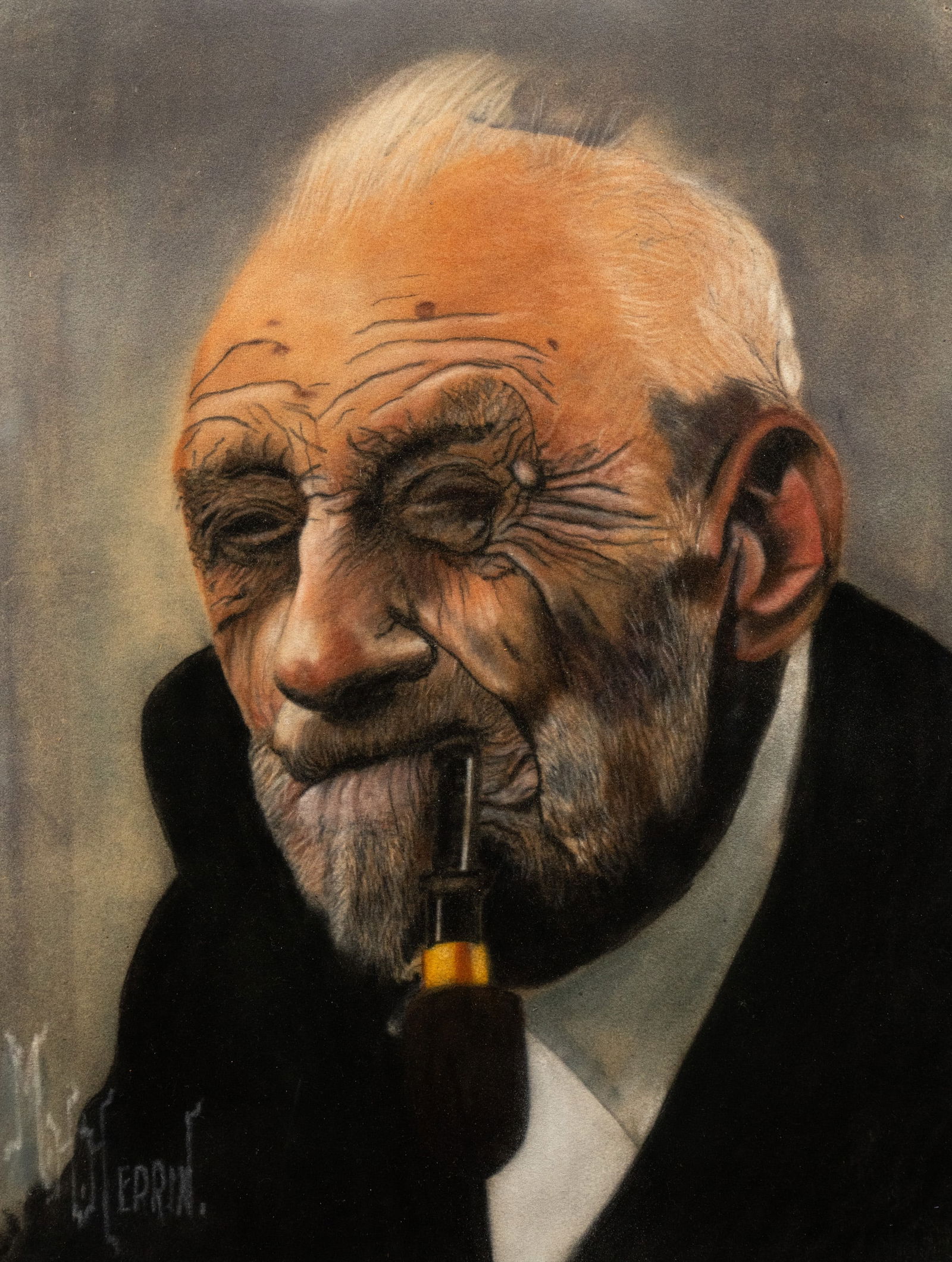 M.H. Herrin Pipe Smoking Man Pastel on Paper (1 of 8)