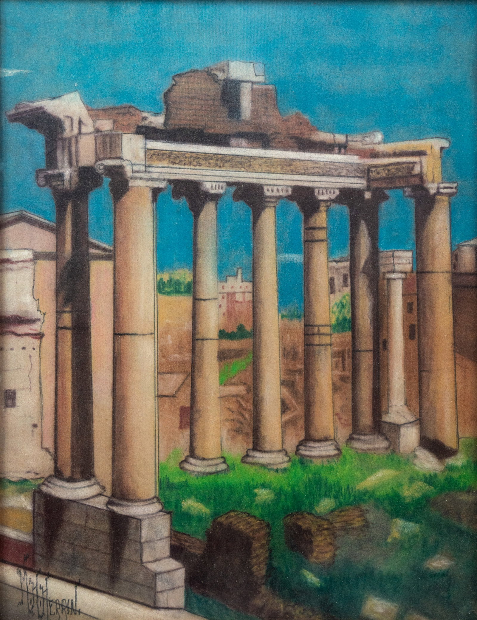 M.H. Herrin Temple of Saturn Pastel on Paper Drawing: A M.H. Herrin (American, b. 1897) pastel on paper drawing depicting the ruins of the temple of Saturn in Rome, Italy. Signed lower left. Presented in a matted frame. Sight: 13" x 10"