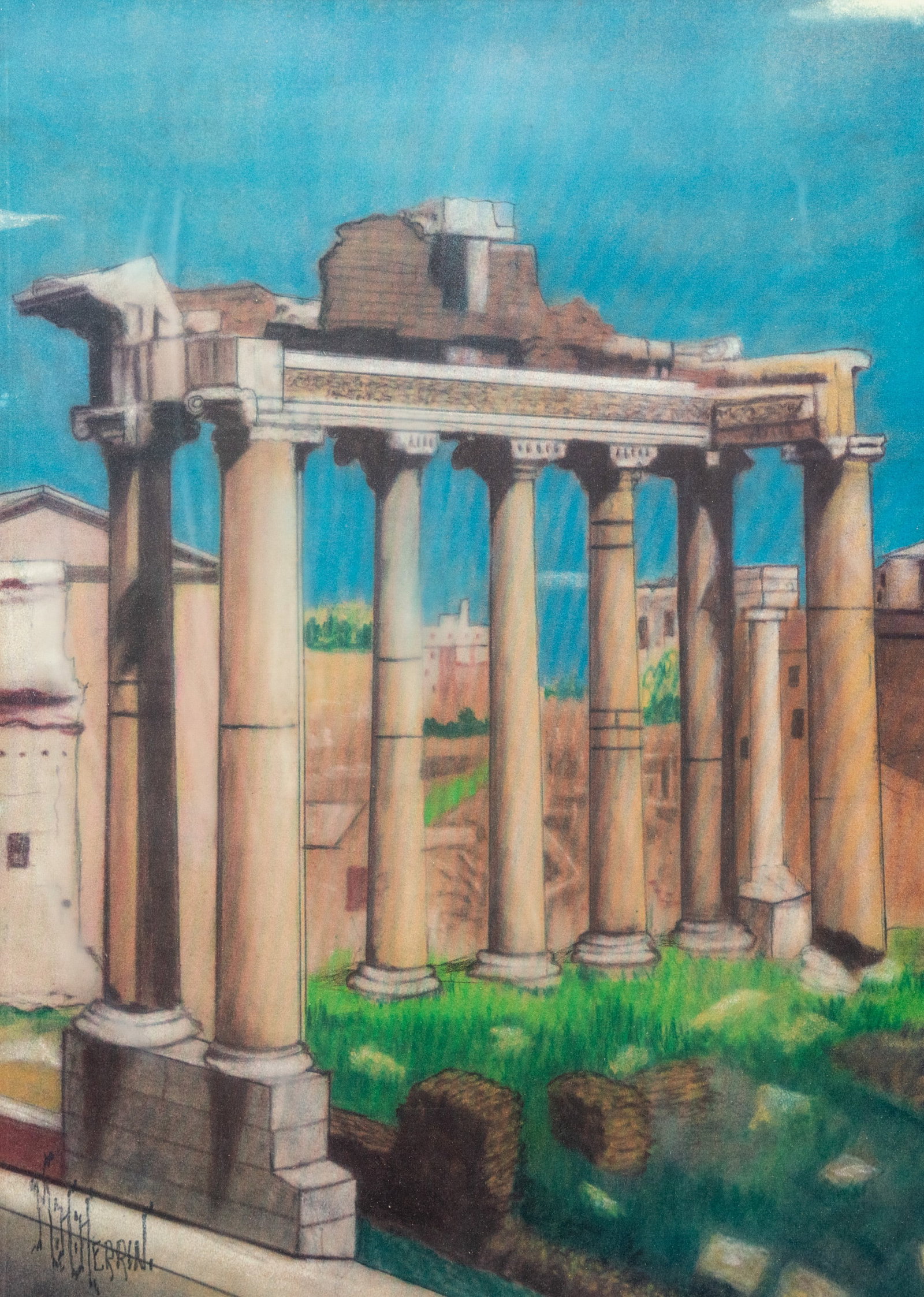 M.H. Herrin Temple of Saturn Pastel on Paper Drawing: A M.H. Herrin (American, b. 1897) pastel on paper drawing depicting the ruins of the temple of Saturn in Rome, Italy. Signed lower left. Presented in a matted frame behind glass. Sight: 14" x 10.5"