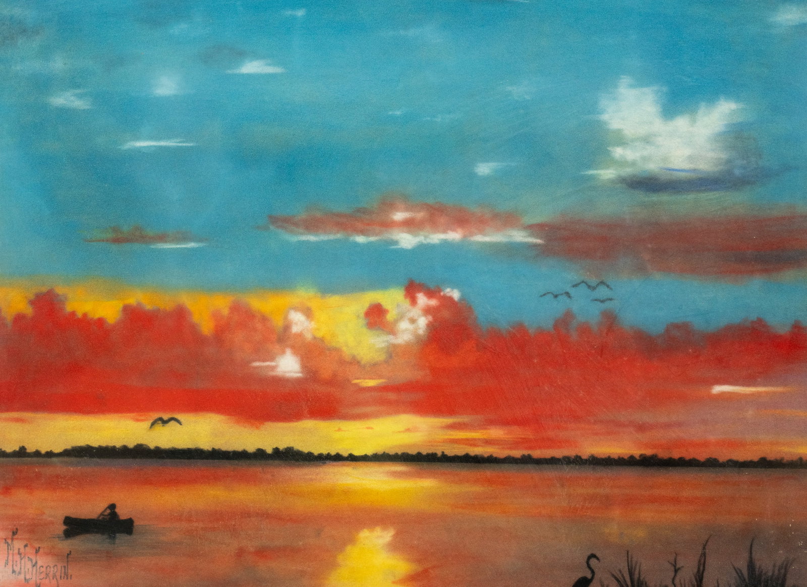 M.H. Herrin 'Florida Sunset' Landscape Pastel on Paper: A M.H. Herrin (American, b. 1897) pastel on paper landscape titled 'Florida Sunset' depicting a scene of a person canoeing on a lake at sunset. Signed lower left. Pen titled on verso. Presented in a w