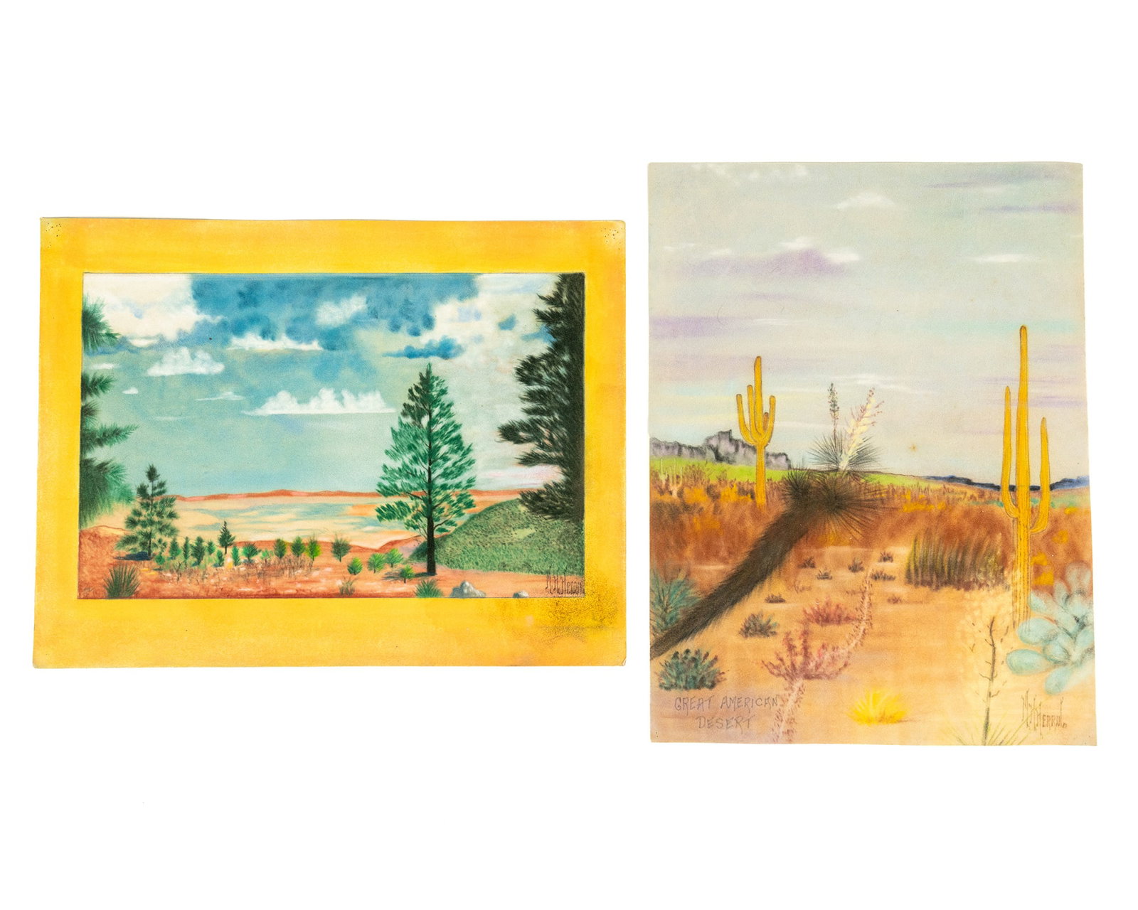 Pair of M.H. Herrin Desert Landscape Pastel on Paper: A pair of M.H. Herrin (American, b. 1897) pastel on paper landscape scenes both depicting desert scenes. Both signed lower right; One titled 'Great American Desert' lower left. Both unframed.