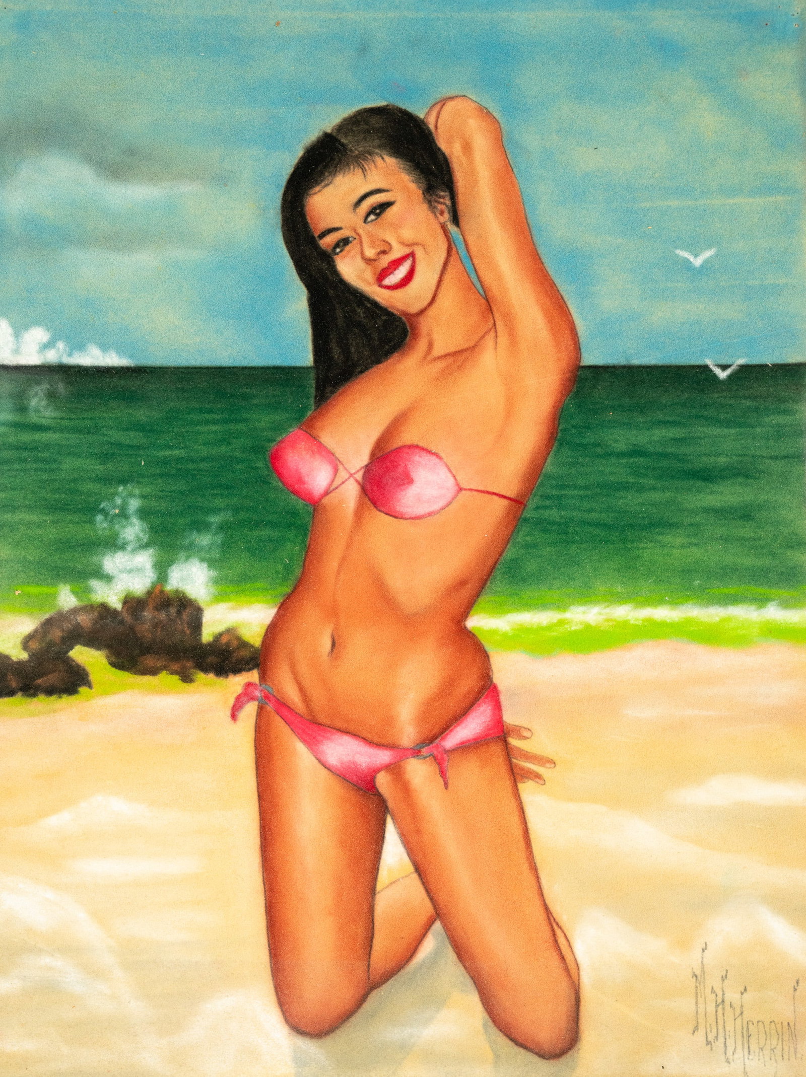 M.H. Herrin Woman on the Beach Pin Up Pastel on Paper: A M.H. Herrin (American, b. 1897) pastel on paper drawing depicting a pin up of a woman in a pink bikini on a beach. Signed lower right. Unframed.