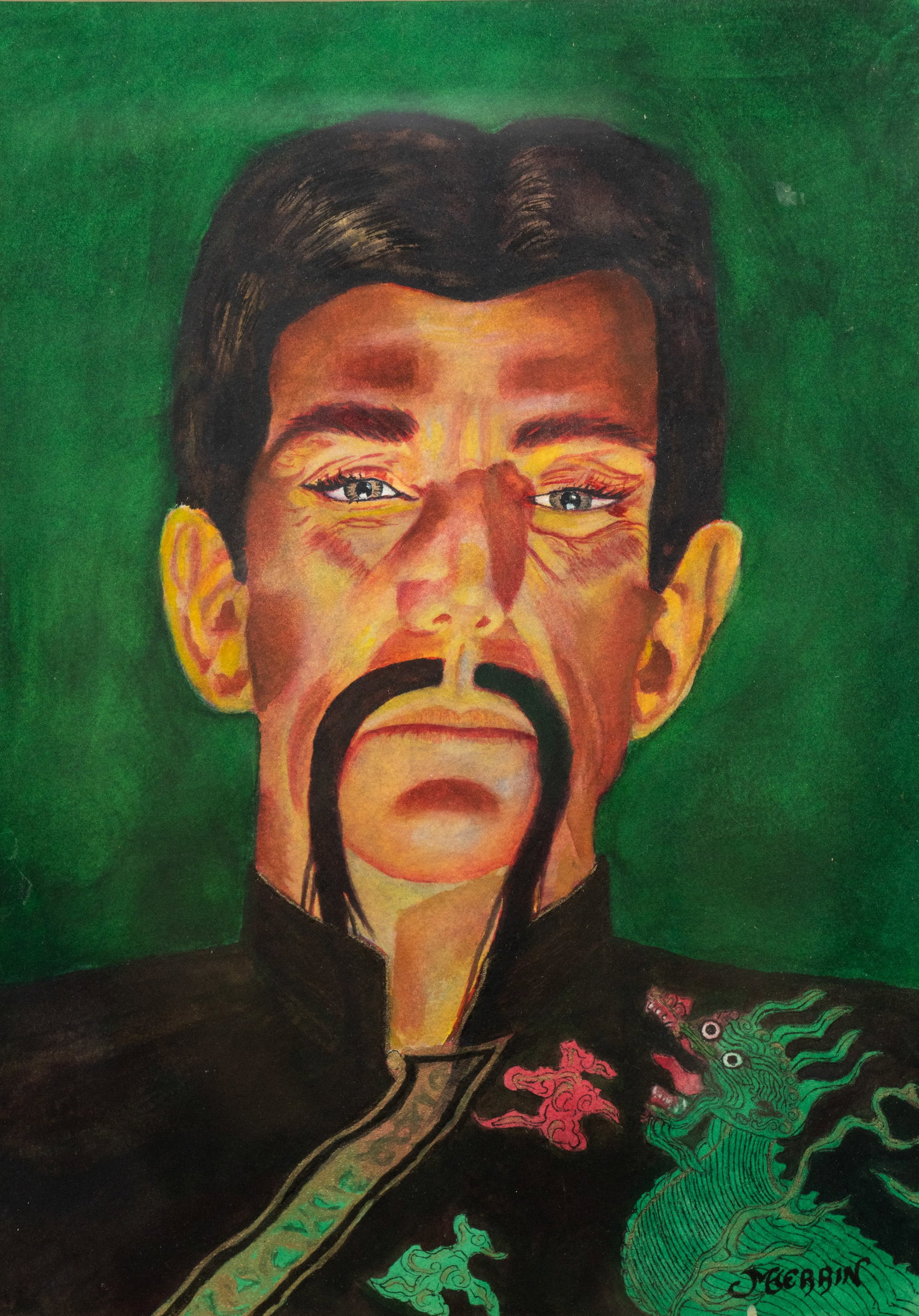 Marilyn Herrin Portrait of Man Watercolor Painting: A Marilyn Herrin (American, 1928-2008) watercolor on paper painting depicting a portrait of a man with a handlebar mustache and wearing a dragon robe, possibly meant to be dressed as Fu Manchu. Signed