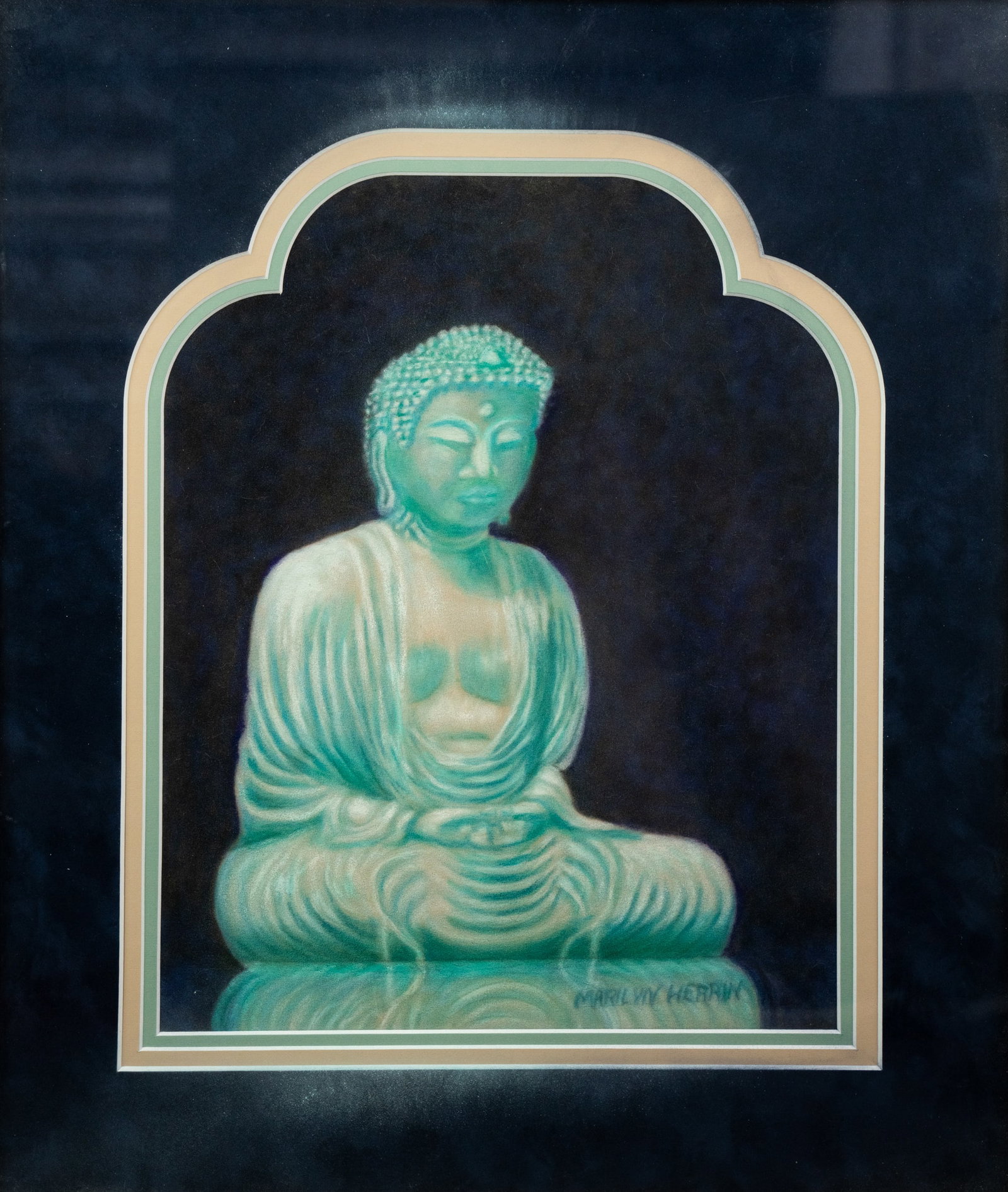 Marilyn Herrin Buddha Statue Pastel on Velvet Drawing: A Marilyn Herrin (American, 1928-2008) pastel on velvet drawing depicting a statue of Buddha. Signed lower right. Presented in a matted frame behind glass. Sight: 14.5" x 11"