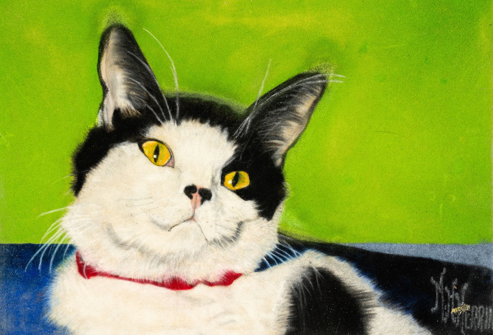 M.H. Herrin Black and White Cat Pastel on Paper Drawing (1 of 7)