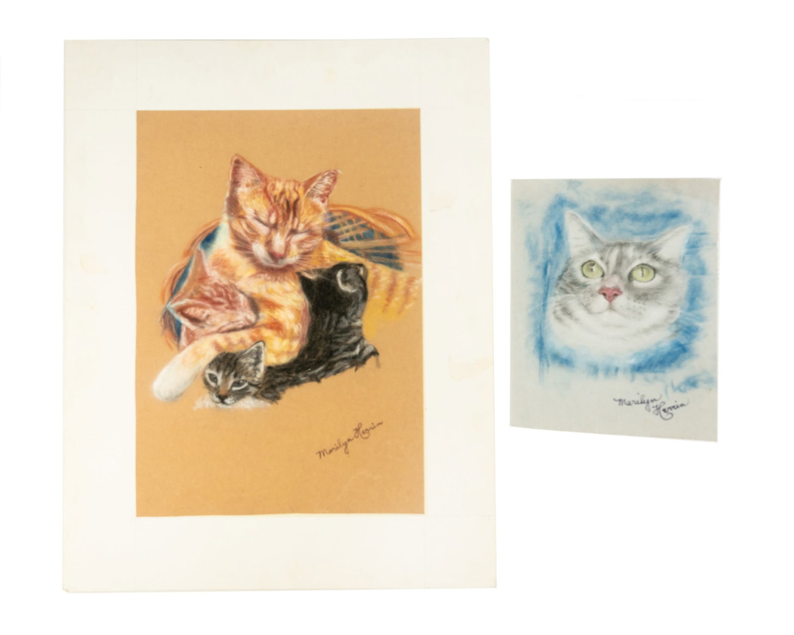 Pair of Marilyn Herrin Cat Pastel Drawings: A pair of Marilyn Herrin (American, 1928-2008) pastel on paper drawings depicting portraits of cats. Each signed in a lower corner. Each presented unframed. Measurements are for largest piece.