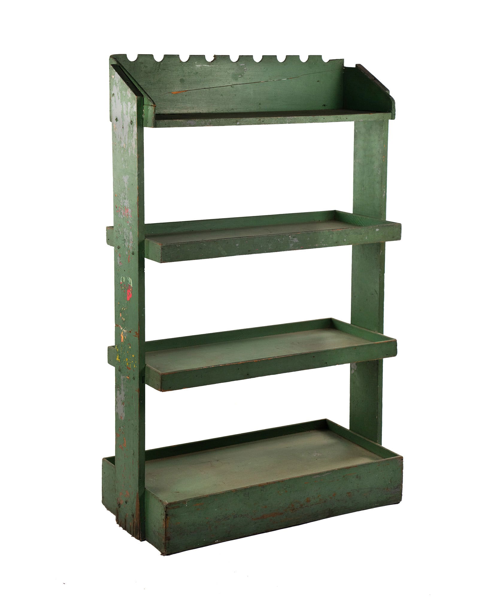 Four Tiered Wooden Seafoam Green Store Display: A four tiered wooden store display in seafoam green having a basic scalloped edge on the backer of the top shelf. Unmarked SHIPPING Atlanta Auction Gallery's in-house shipping department will NOT ship