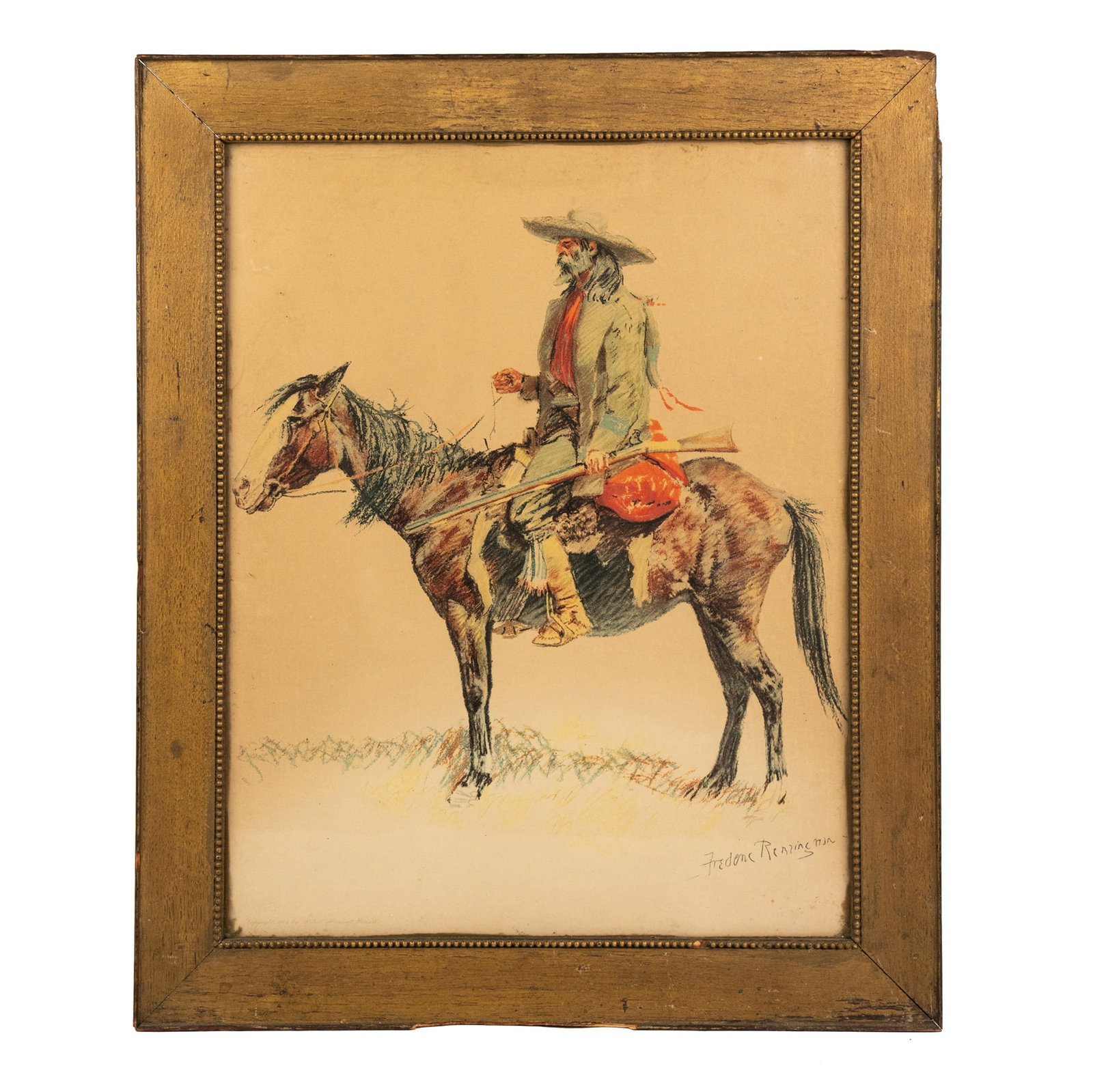 Frederic Remington 'A Trapper' serigraph: A Frederic Remington (American, 1861-1909) serigraph titled 'A Trapper' depicting a Trapper with a rifle atop a horse. Signed on plate lower right.