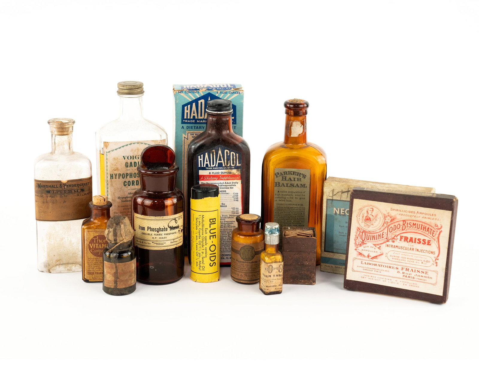 (14) Group of Antique Assorted Medical Supplies: A group of (14) antique assorted medical supplies from various manufacturers including: The LeBlanc Corporation, Hixcox Chemical Works, Thor Pharmacal Co., S.Pfeiffer Mfg. Co., E.R. Squibb & Sons, Mer