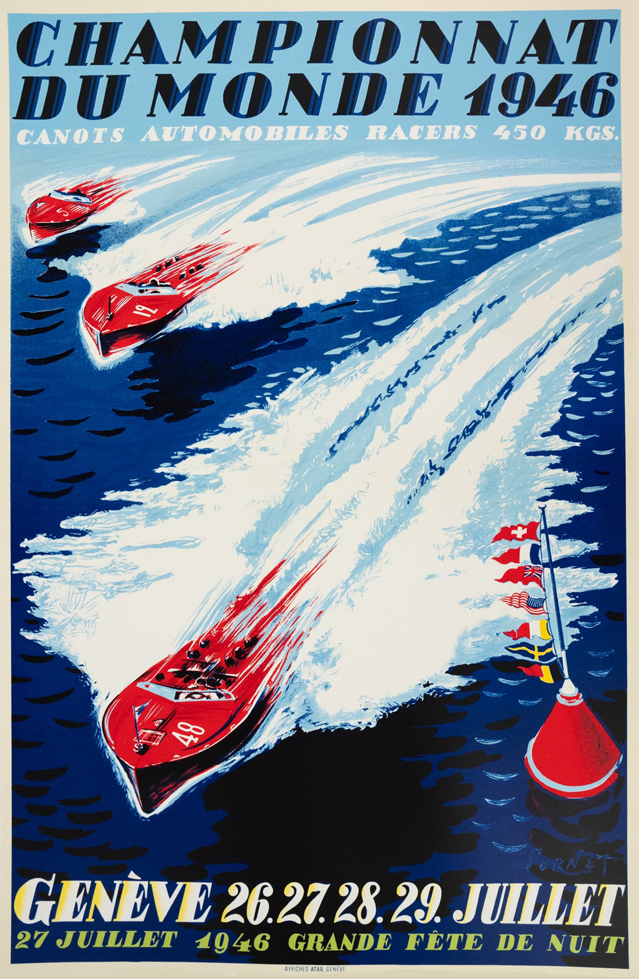Championnat du Monde 1946 Advertising Hand Serigraph: A hand serigraph advertising poster for Championnat du Monde 1946 depicting three red speed boats racing.