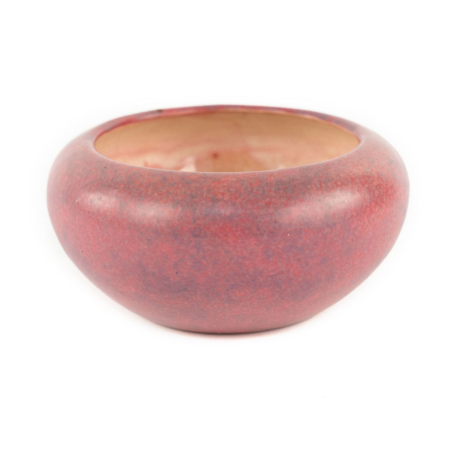 Bretby Art Pottery Mottled Glaze Squat Vase: A Bretby art pottery squat vase having an overall mottled pink with blue glaze. Marked 'England' on underside.