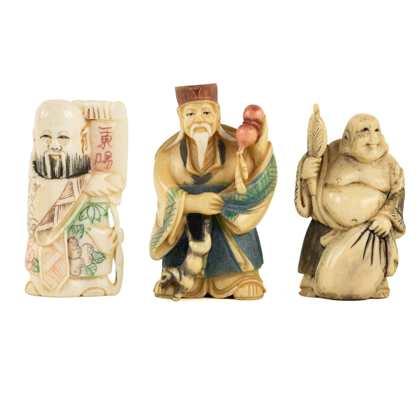 (3) Group of Japanese Carved Bone Wise Men Netsukes: A group of (3) Japanese carved bone netsukes depicting what appear to be wise men including: Buddha, and two unidentified figures; one a bald man in a floral motif kimono, and the other an older beard