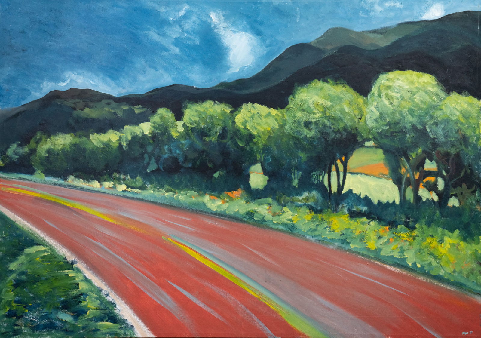 Scott Pope 'Montrose Mountain' Oil on Canvas Painting: A Scott Pope (American, b.XX) oil on canvas painting titled 'Montrose Mountain' depicting a mountainside highway lined with trees. Signed and dated '85' lower right. Presented in a dark wood frame. Pr