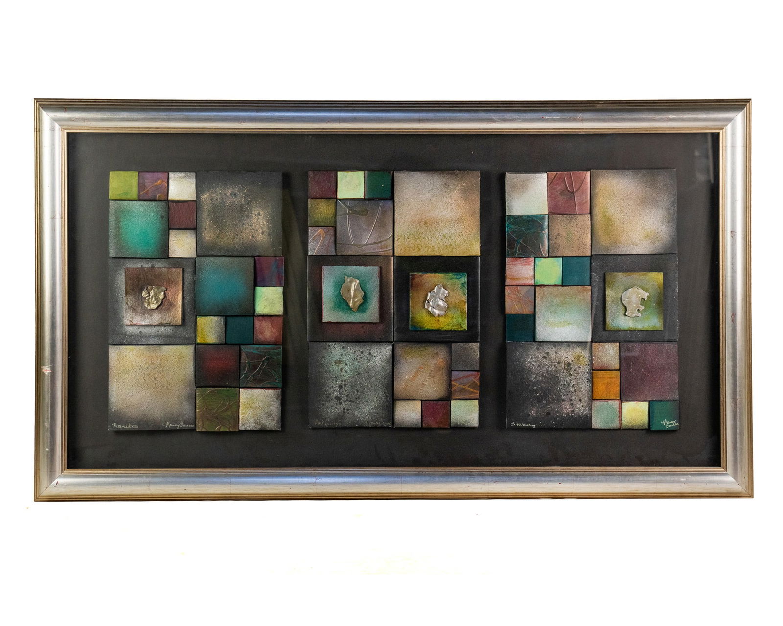 Nancy Childs Chapin Mixed Media Triptych Collages: A framed triptych of Nancy Childs Chapin (American, b.1951) mixed media collages purportedly titled 'Rarities', 'Statutory', and 'Antiquitys'. Each signed and titled separately in lower corners. Prese