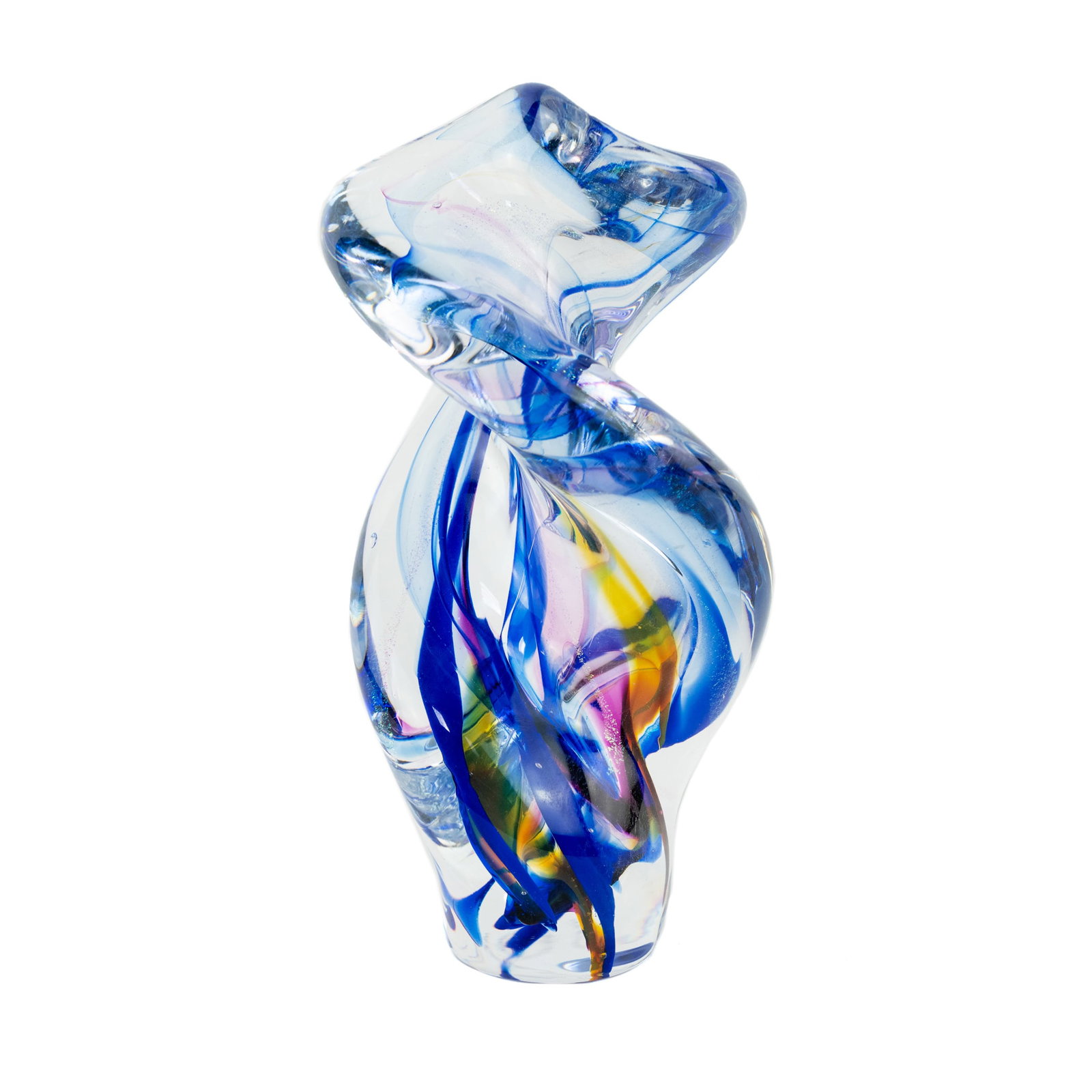 Spun Art Glass Sculpture Signed: A modern art glass spiral or spun sculpture in swirling blue, yellow and pink. Incised signed illegibly near base and dated '2017'
