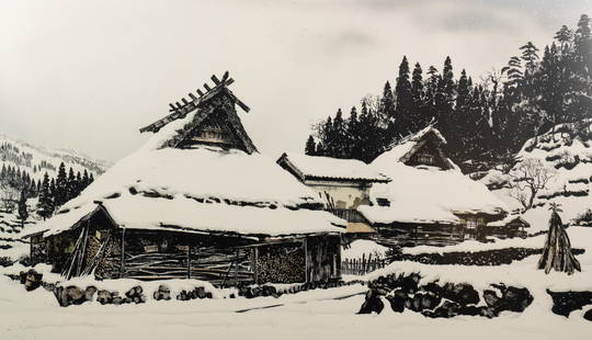 Brian Williams 'Hanase Winter' Lithograph: A Brian Williams (Peruvian, b. 1950) lithograph titled 'Hanase Winter' depicting a path leading by a pair of cottages covered in snow. Pencil and dated '88' lower right, titled lower center and editio