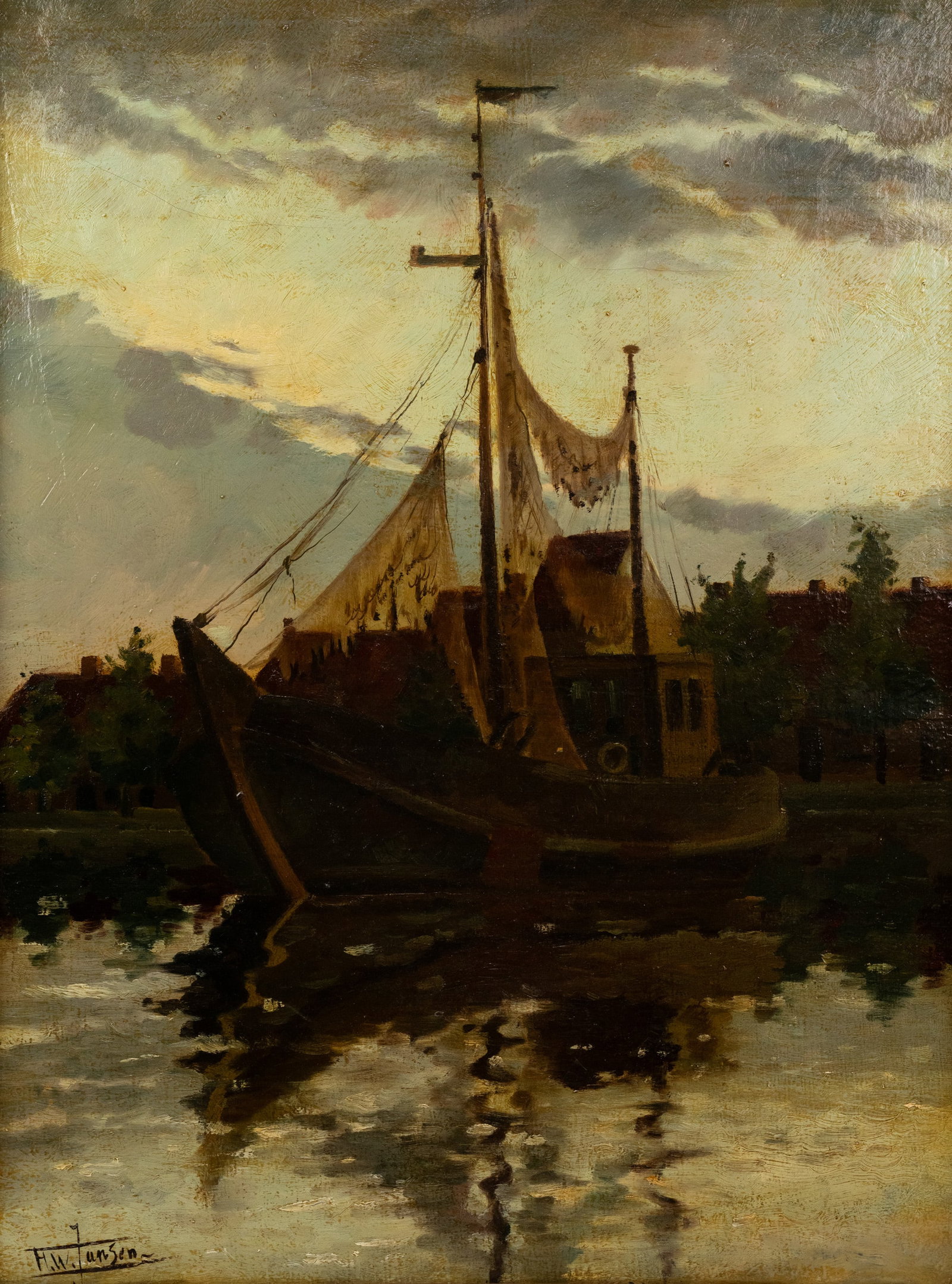 Hendrik W. Jansen Sailboat at the Dock Oil on Canvas: A Hendrik Willebrord Jansen (Dutch, 1855-1908) oil on canvas painting depicting a sailboat at a dock outside a town in the background. Signed lower left. Presented in a carved gold painted frame. Prov