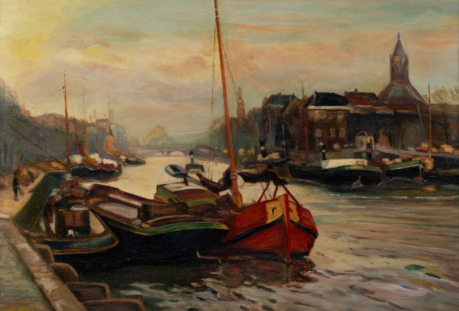 Dutch School Harbour Scene Oil on Canvas: A Dutch school oil on canvas painting depicting a harbour scene with boats tied up along docks. Illegible signature lower left. Presented in a carved giltwood frame. Provenance: From corporate collect