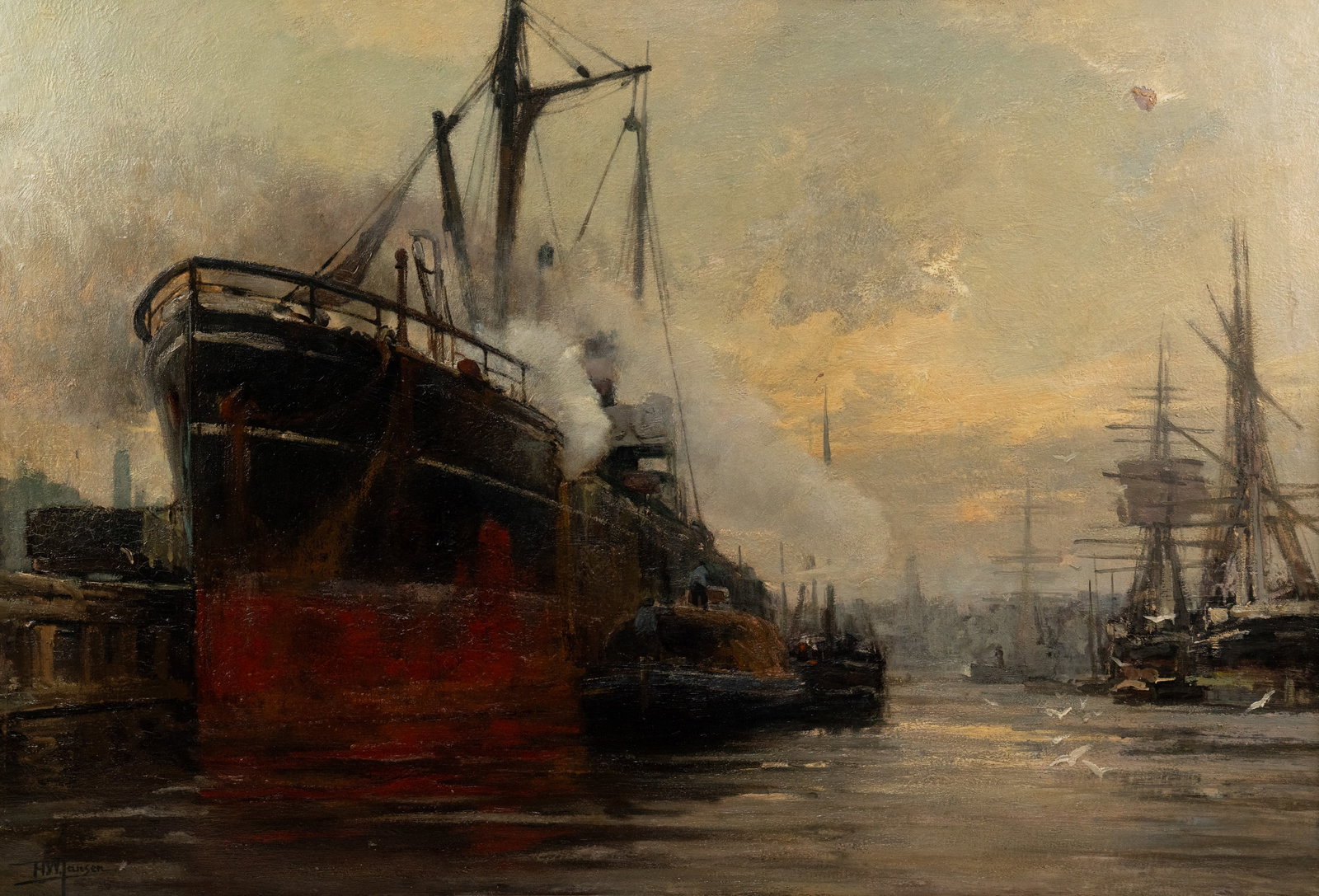 Hendrik W. Jansen Steamboat at the Dock Oil on Canvas: A Hendrik Willebrord Jansen (Dutch, 1855 - 1908) oil on canvas painting depicting a large steamboat at the dock in a harbour. Signed lower right. Presented in a wooden frame with a linen inner border.