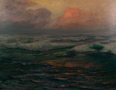 Herbert W.J. Turner Seascape Oil on Canvas Painting: A Herbert William John Turner (English, XIX-XX) oil on canvas painting depicting a seascape at sunset. Signed lower left. Presented in a double bordered frame. Provenance: From corporate collection of