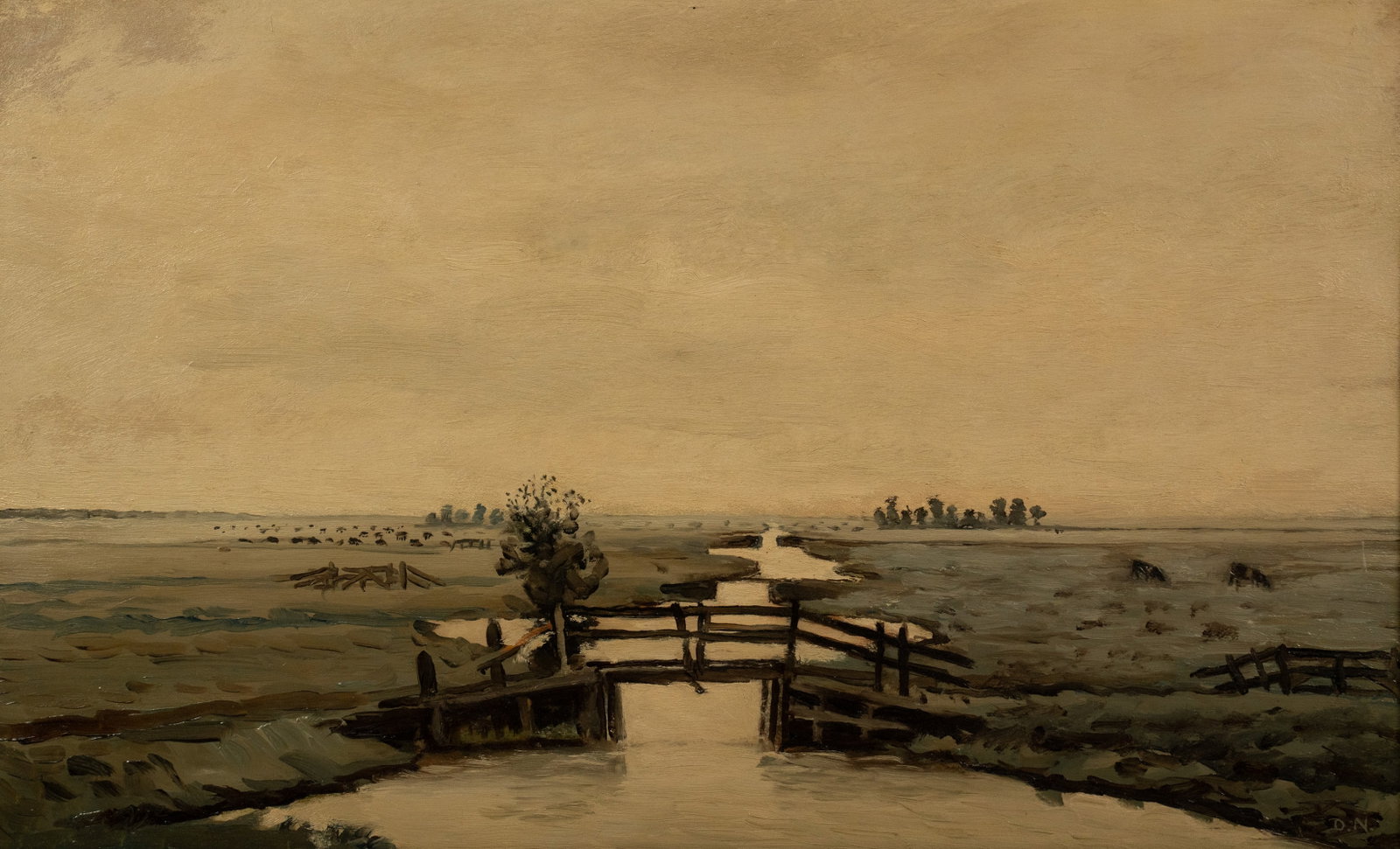 Dirk Nijland 'Polderlandschap' Oil on Board Painting: Dirk Nijland (Dutch, 1881 - 1955) oil on board painting titled 'Polderlandschap' depicting a pastoral landscape of a polder with a bridge over the river that divides the center. Signed lower right. Ti