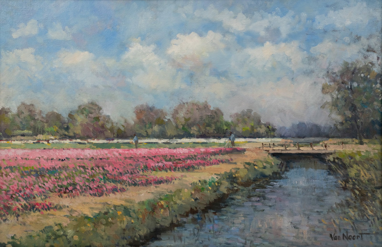 A. Van Noort Pastoral Landscape Oil on Canvas Painting: An Andrianus Cornelius Van Noort (Holland, 1914 - 2003) oil on canvas painting depicting a pastoral landscape of a field of flowers and a bridge over a creek. Signed lower right. Presented in a carved