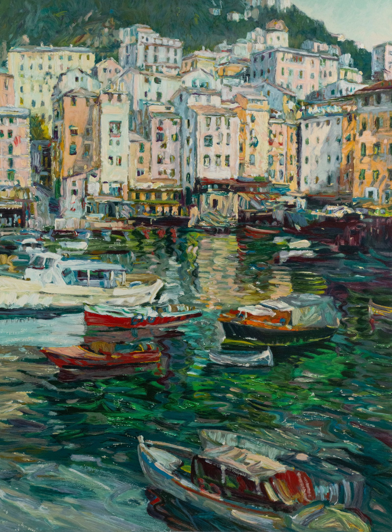 Henri Plisson 'Emerald Bay' Serigraph: A Henri Plisson (French, 1908 - 2002) serigraph titled 'Emerald Bay' depicting a bayside town with a group of boats in its harbour. Pencil signed lower right and editioned LXII/ CXXV lower left. Inclu