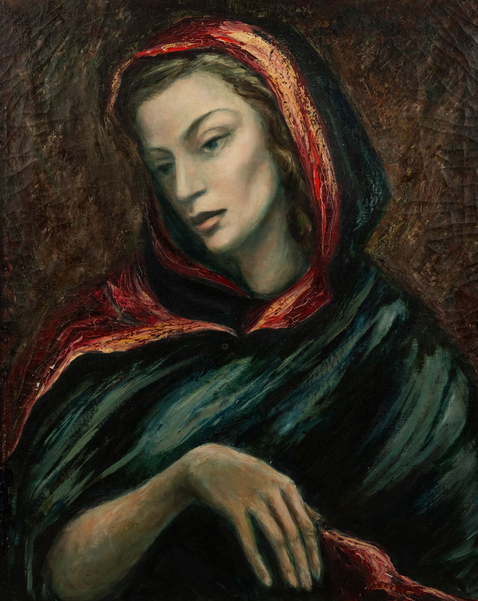 Olga Heatley Portrait of a Lady Oil on Canvas Painting: An Olga Heatley (American) oil on canvas painting depicting the portrait of a woman in a hooded cloak. Pen signed on verso. Presented in a wooden frame. Sight: 23" x 19"