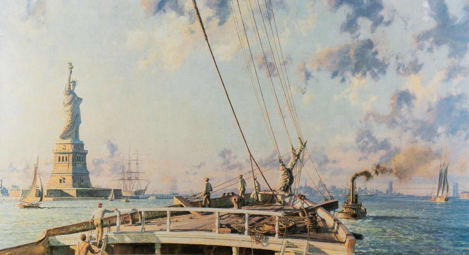 John Stobart 'The Statue of Liberty...1886' Lithograph: A John Stobart (American, 1929 - 2023) offset lithograph titled 'The Statue of Liberty in a Panorama of New York Harbor in 1886'. Pencil signed and editioned '780/950' lower right. Sight: 21" x 34" SH