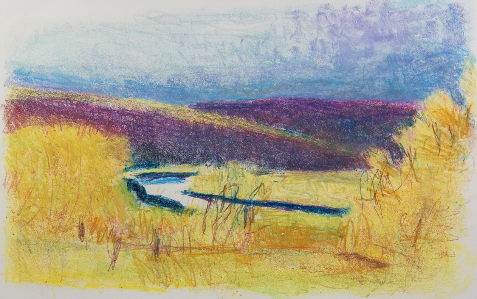 Wolf Kahn 'Ten Bends' Monoprint: Wolf Kahn (German-American, 1927 - 2020) monoprint titled 'Ten Bends' depicting a landscape of rolling hills and dry brush. Pencil signed and dated '1990' lower right. Presented in a frame behind glas