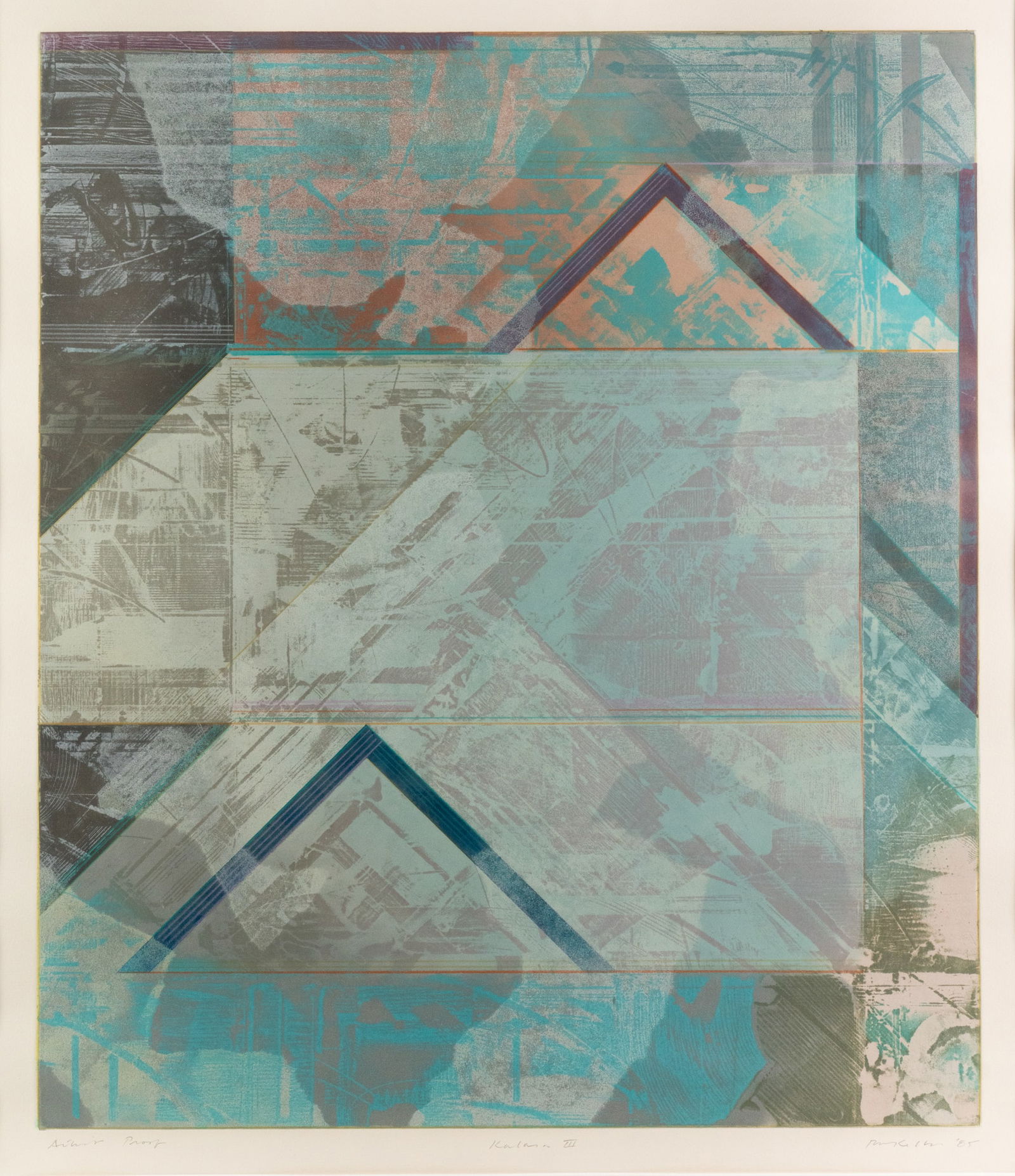 Robert Kelly 'Kalasa III' Artist Proof Serigraph: A Robert Kelly (American, b.1956) artist's proof serigraph titled 'Kalasa III' depicting an abstract composition. Pencil signed lower right and titled lower center. Presented in a frame behind glass.