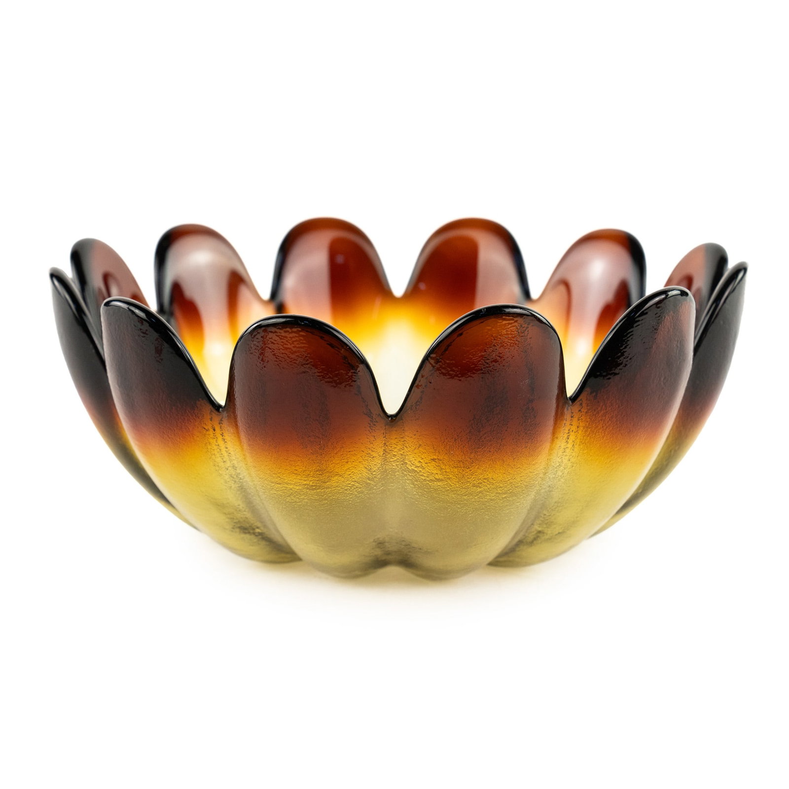 Indiana Glass Dark Amber Lotus Bowl: An Indiana Glass company dark amber bowl in the form of a lotus flower.