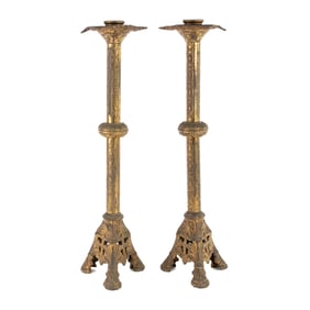 Pair of Gilt Brass Gothic Revival Altar Candlesticks