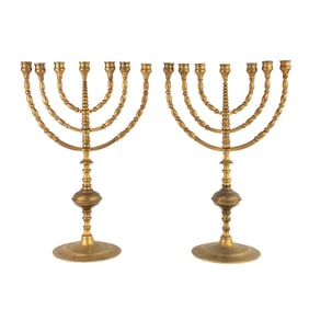 Pair of Brass Jewish Seven Light Menorahs