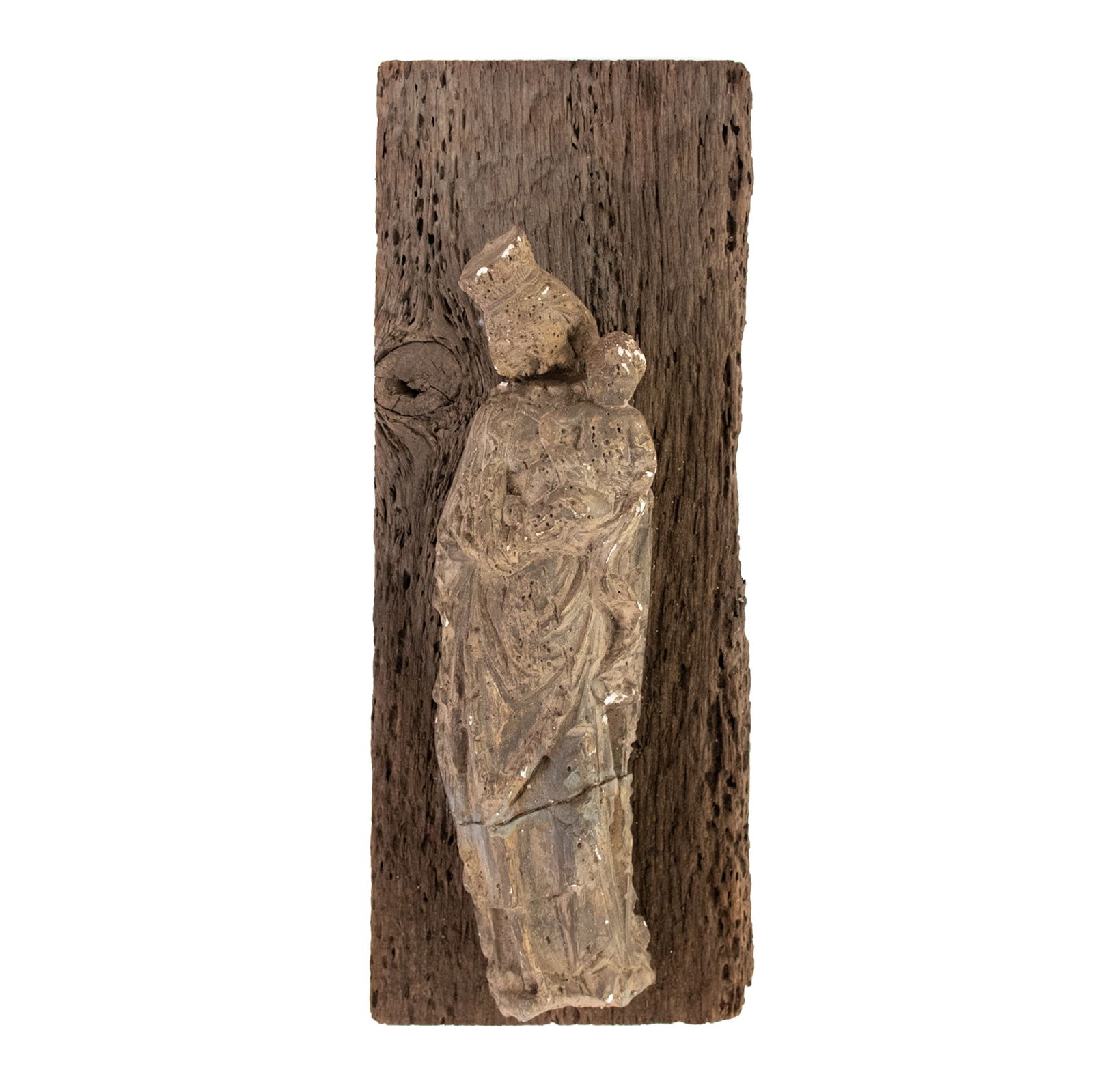 Antique Wood and Gesso Madonna & Child Santos Plaque (1 of 6)