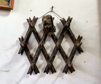 19th C Black Forest Hand Carved Hounds Head Hat Rack
