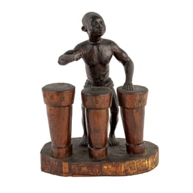 African Hand Carved Wood Drumming Man Figure