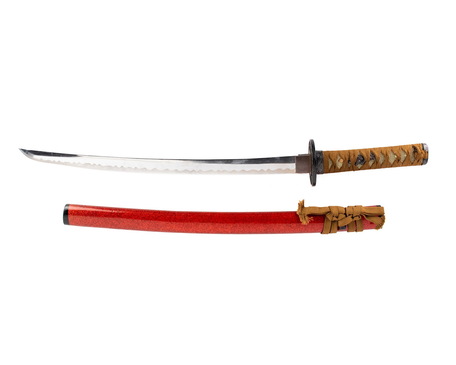 Japanese Reproduction Steel Tanto Sword: A Japanese reproduction steel tanto sword having a folded steel blade and a red high gloss lacquer sheath.