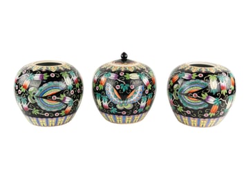 (3) Group of Chinese Famille Noire Porcelain Ginger Jars