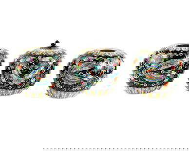 (3) Group of Chinese Famille Noire Porcelain Ginger Jars: A group of (3) 20th C Chinese famille noire porcelain ginger jars each featuring floral and butterfly motifs. Two jars are missing lids. SHIPPING Atlanta Auction Gallery will NOT ship this lot in-hous