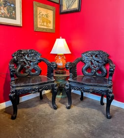 Pair of Chinese Hand Carved Arm Chairs