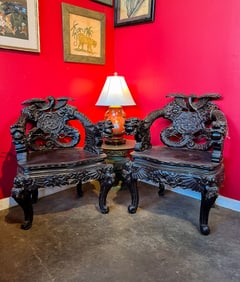 Pair of Chinese Qing Dynasty Hand Carved Arm Chairs