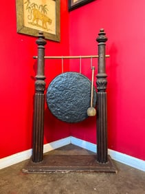 Chinese Bronze Gong on Carved Wood Stand