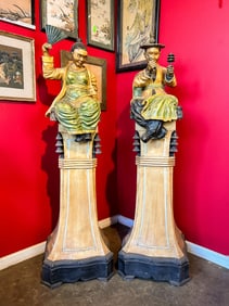 Pair of Korean Wood Carved Figures on Pedestals
