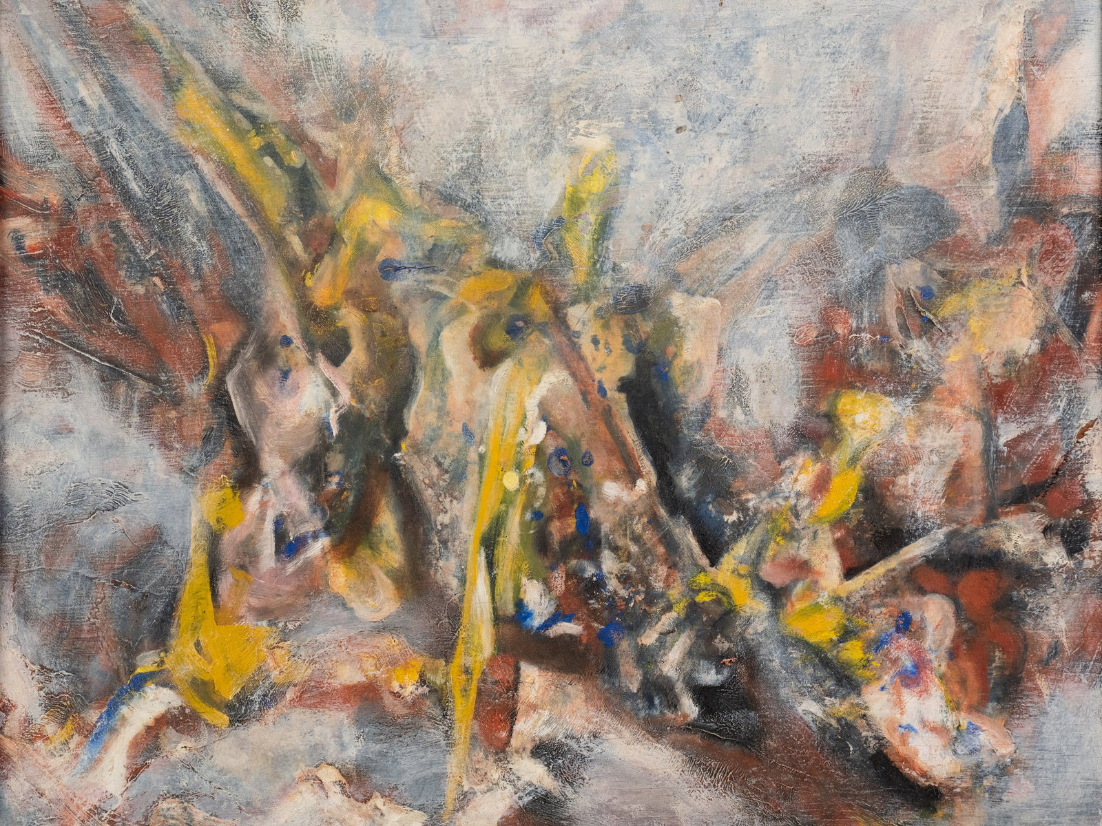 Hari Van Hoeffen Untitled Oil on Board Painting: A Hari Van Hoeffen (American, 1905-1985) oil on board painting depicting an abstract composition. Signed and dated '1956' lower right. Presented in a double border gilt frame. Hari Van Hoefen was a re