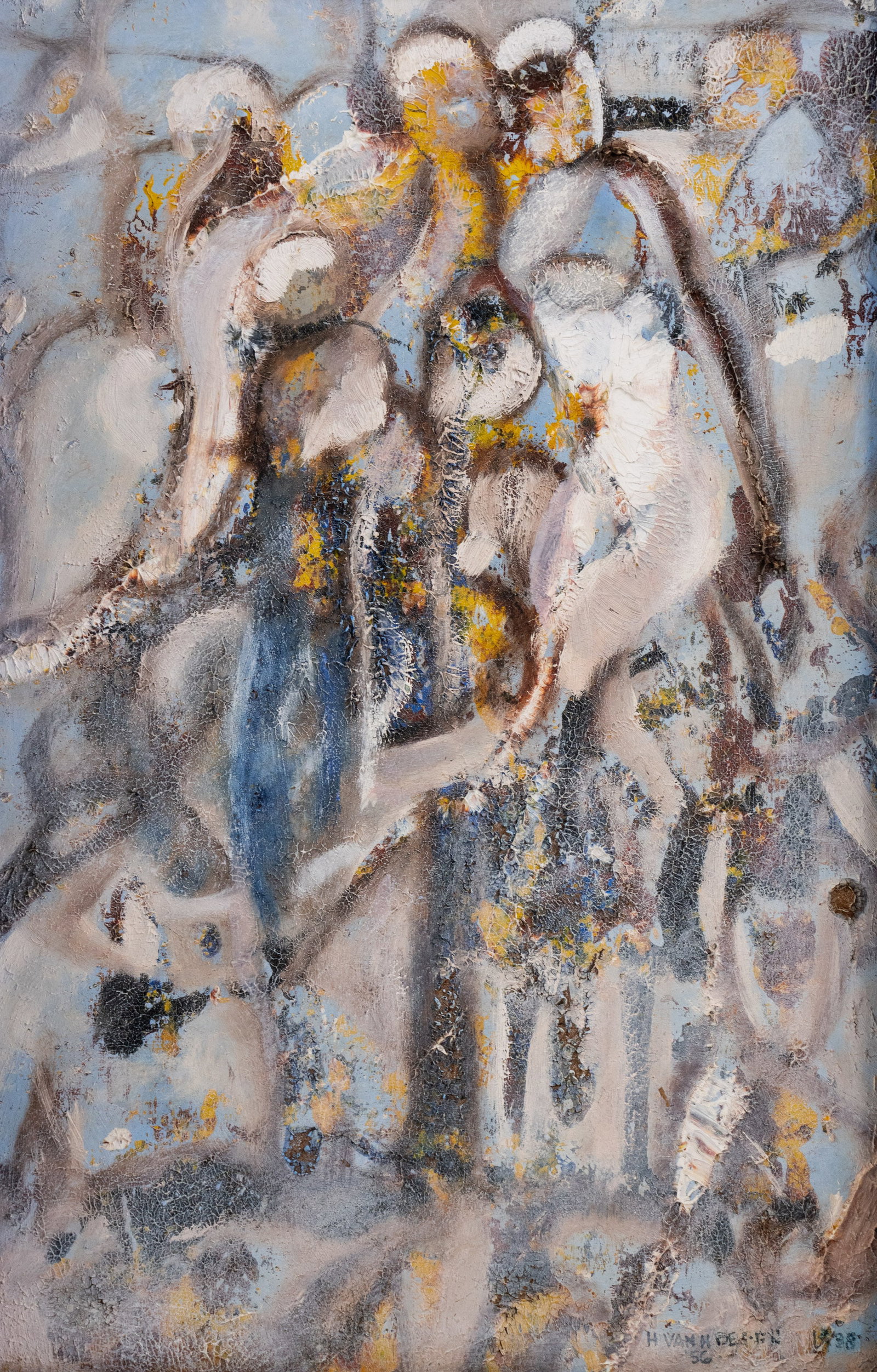 Hari Van Hoeffen Untitled Oil on Board Painting: A Hari Van Hoeffen (American, 1905-1985) oil on board painting depicting an abstract composition. Signed and dated '1956' lower right. Presented in a white wood frame with an inner blue border. Hari V